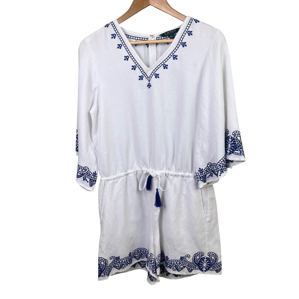 Lauren Ralph Lauren White Blue Linen Drawstring Waist Romper Jumper 4 Woman's